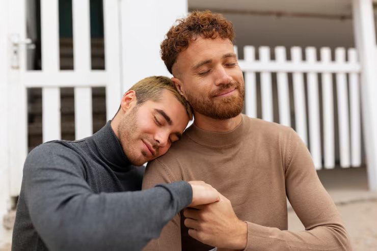 Two men standing close together outdoors, one resting his head on the other's shoulder.